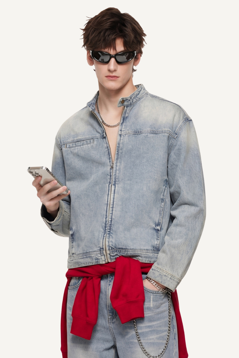 Men's 385g Washed Patchwork Denim StandCollar Zip Jacket