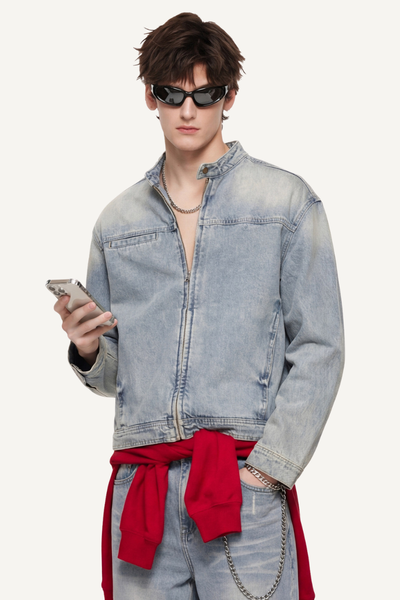 Men's 385g Washed Patchwork Denim StandCollar Zip Jacket