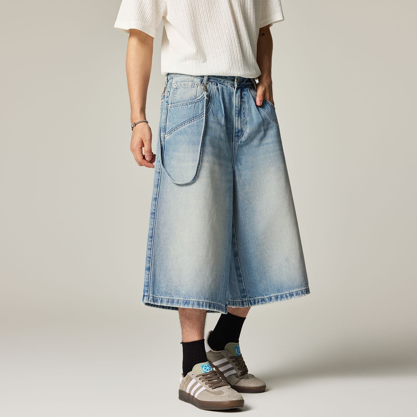 Men's Summer Washed Strap Wide-Leg Denim Shorts