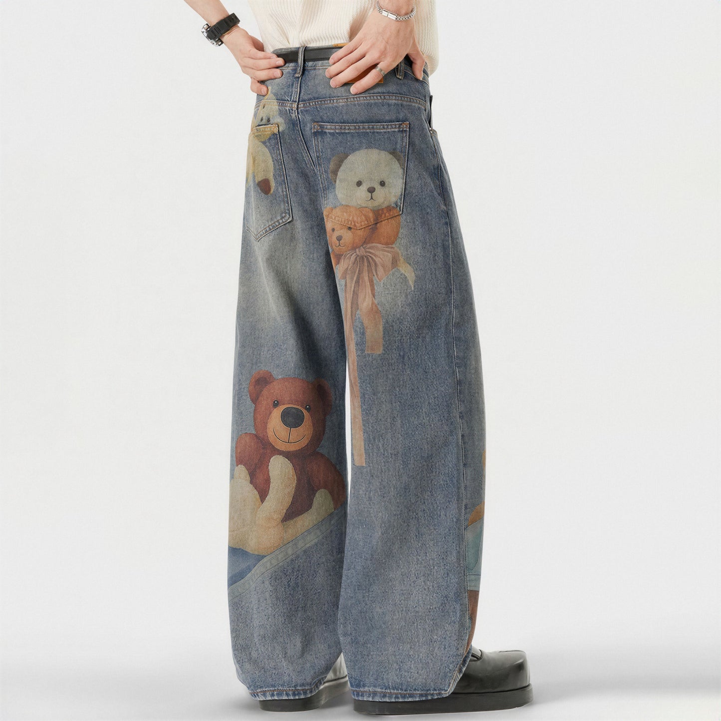 Men's Spring Light Blue Teddy Print Wide Leg Denim Jeans