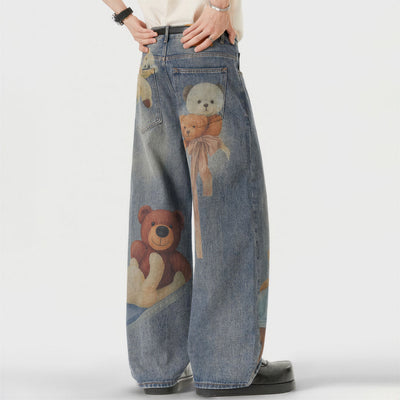 Men's Spring Light Blue Teddy Print Wide Leg Denim Jeans