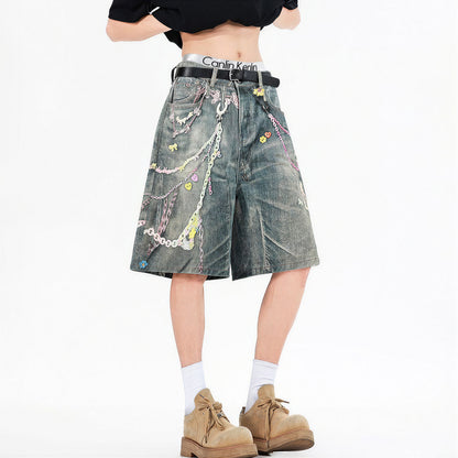 Men's Summer Vintage Washed Graffiti Print Denim Shorts