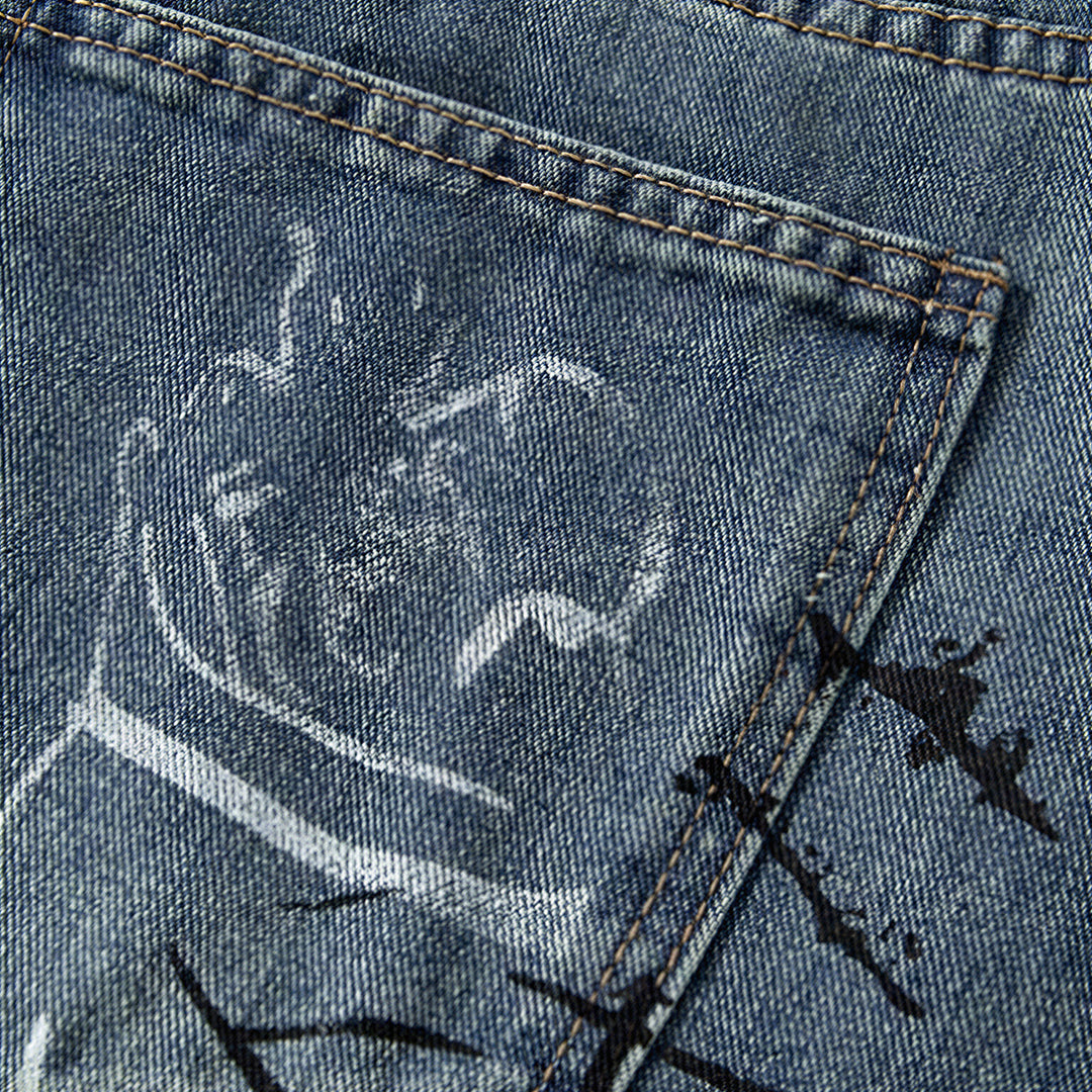 Men's Summer Graffiti Ripped Washed Baggy Denim Shorts