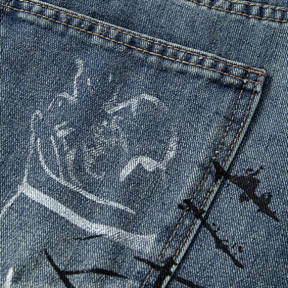 Men's Summer Graffiti Ripped Washed Baggy Denim Shorts