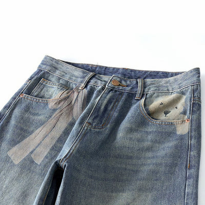 Men's Spring Light Blue Teddy Print Wide Leg Denim Jeans