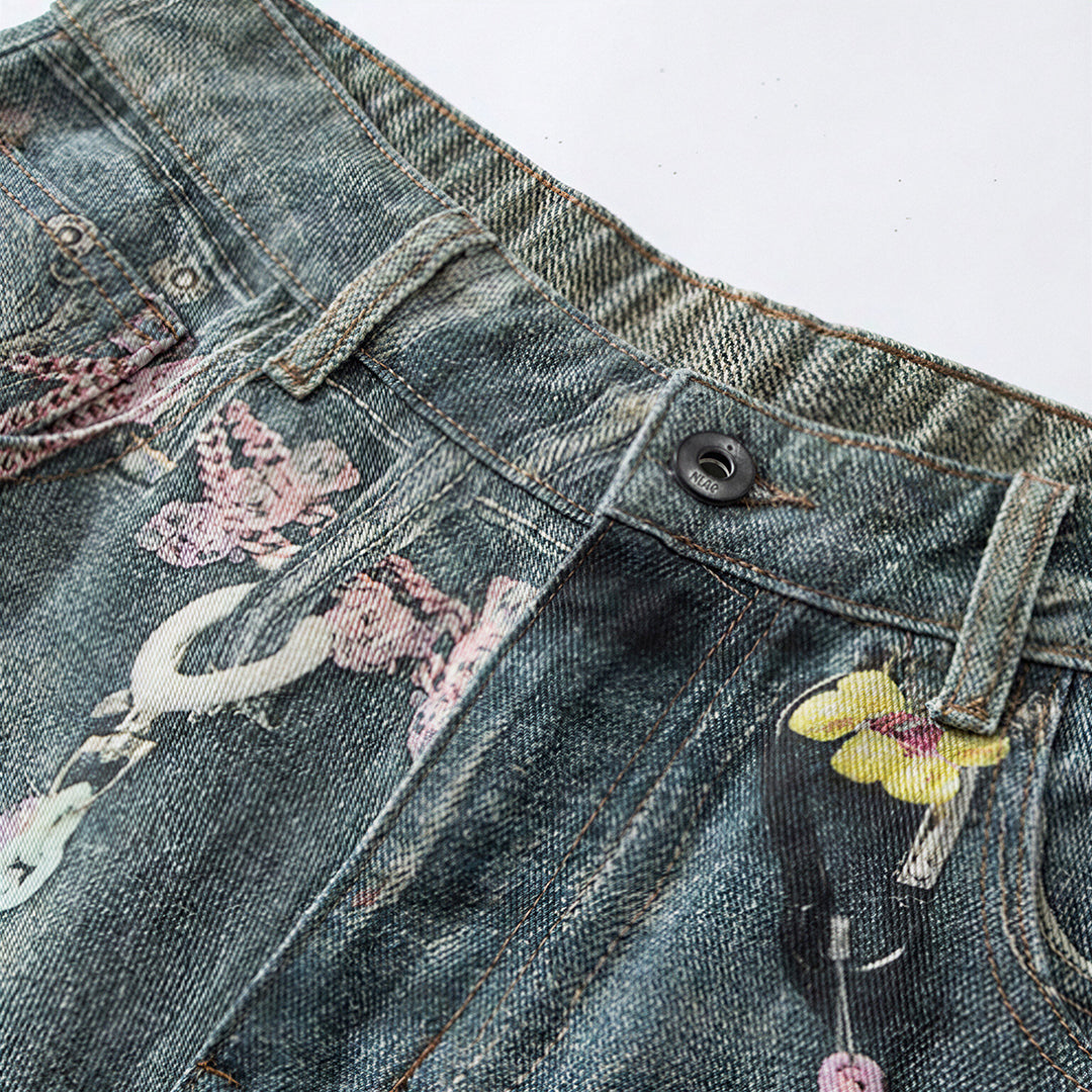 Men's Summer Vintage Washed Graffiti Print Denim Shorts