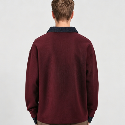 Men's Spring Denim-Collar Half-Button Loose Polo Sweatshirt