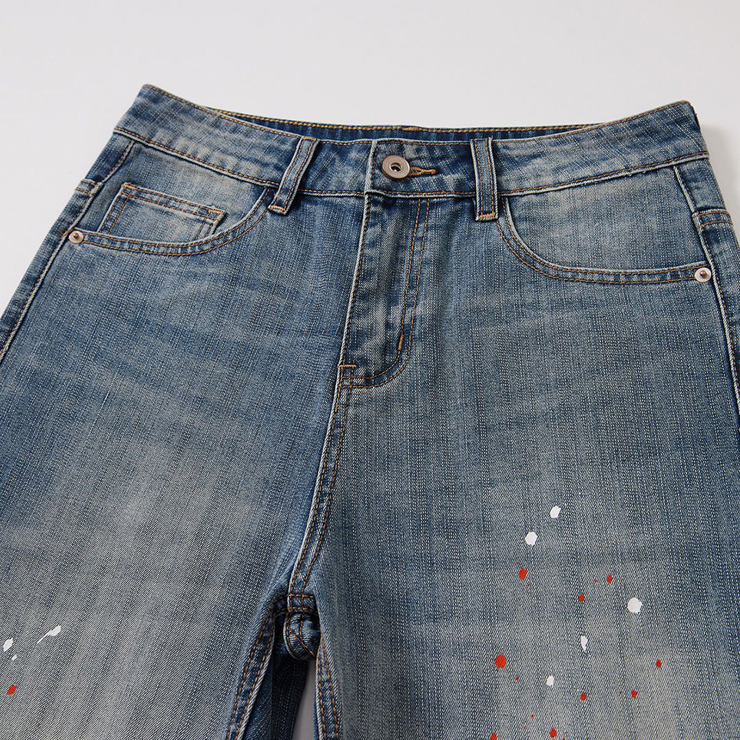 Men's Spring Light Blue Washed Splatter Paint Straight Jeans