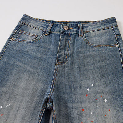 Men's Spring Light Blue Washed Splatter Paint Straight Jeans