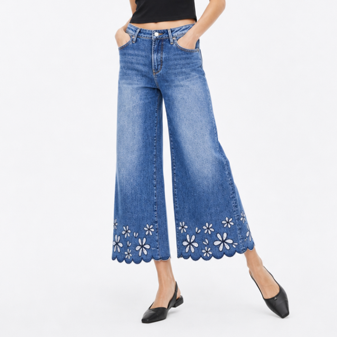 Women's High Waist Floral Embroidered Wide Leg Jeans