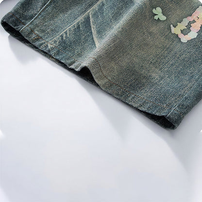 Men's Summer Vintage Washed Graffiti Print Denim Shorts