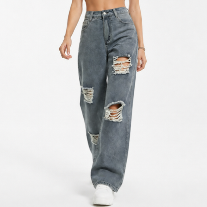 Women's High Waist Distressed Ripped Wide Leg Jeans