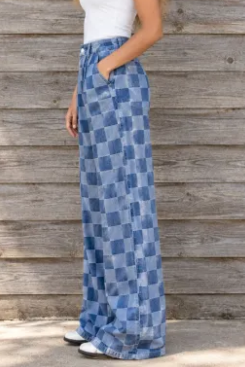 Women Fall Clothing Vintage Checkerboard Wide Leg Jeans