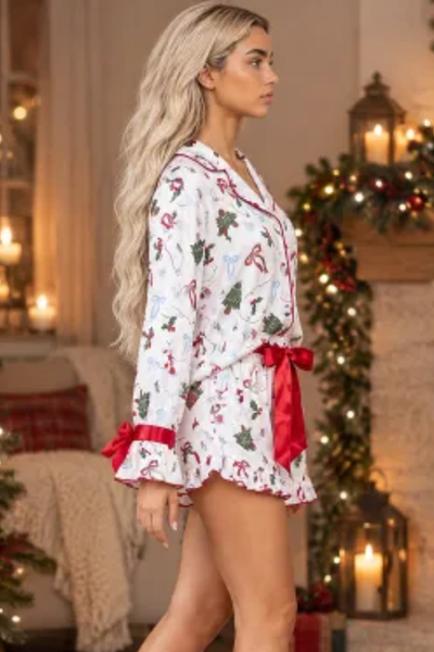 Women's Christmas Collared Bow Tie Two Piece Set