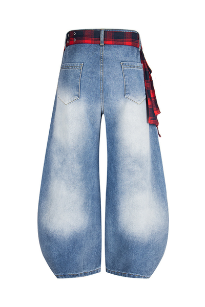 Unisex Summer Plaid Belt Barrel-Leg Cotton Denim Jeans