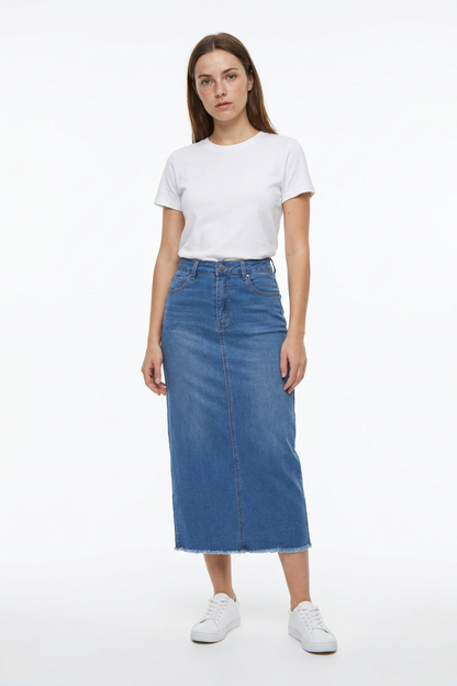 Women's High Waist Back Slit Denim Midi Skirt