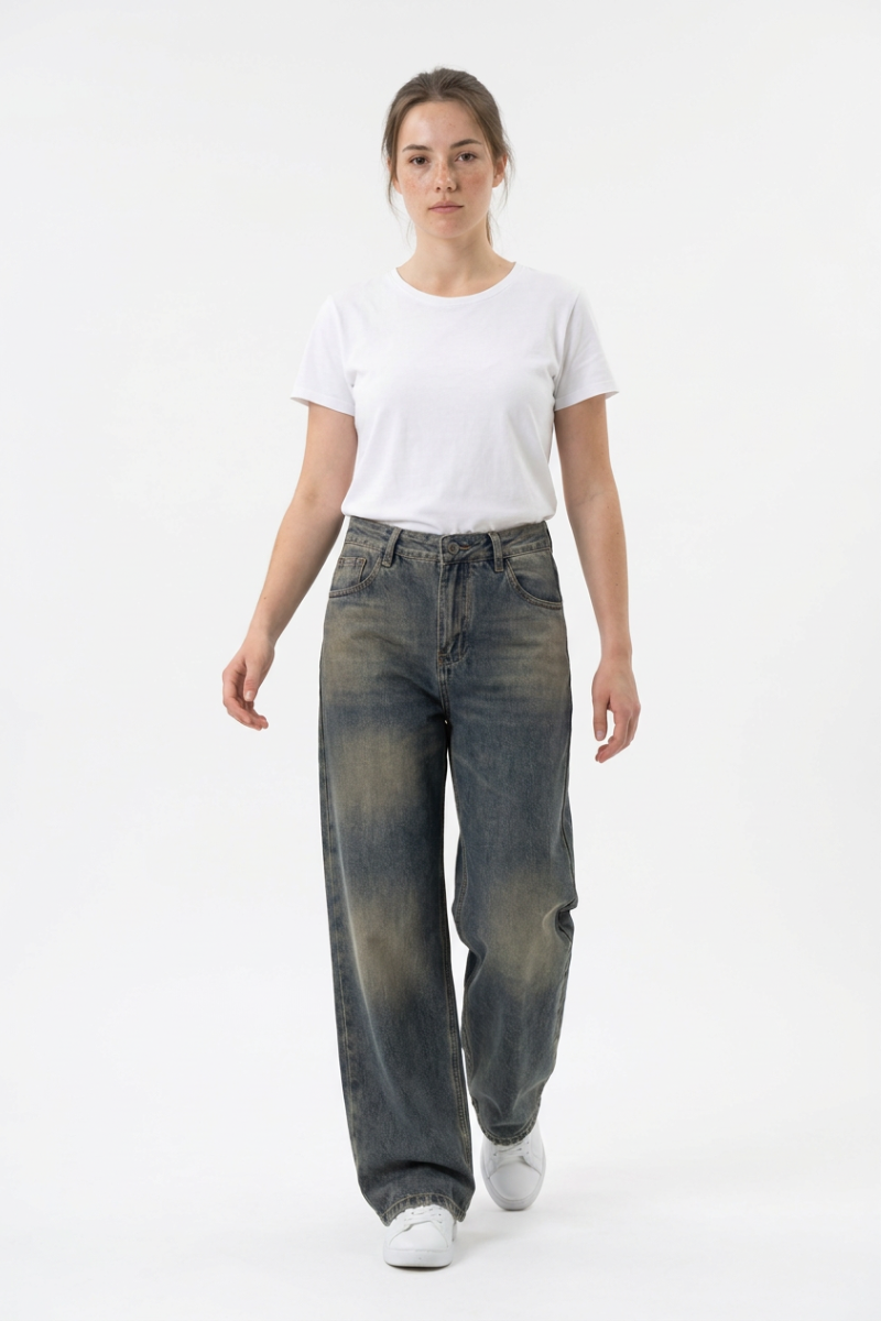 Women's 100% Cotton Vintage Wash Straight Leg Jeans