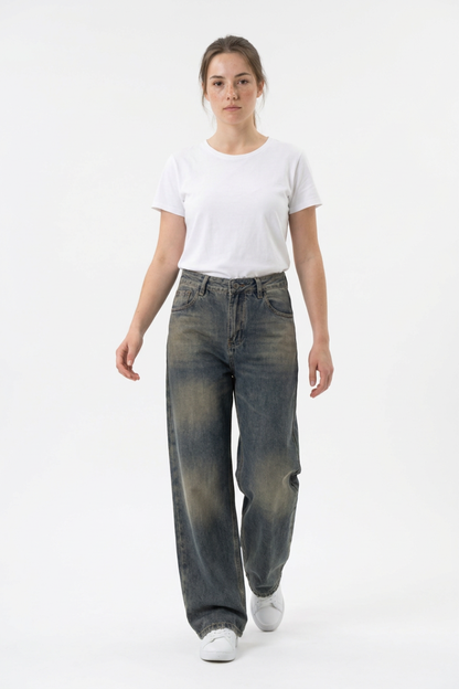 Women's 100% Cotton Vintage Wash Straight Leg Jeans
