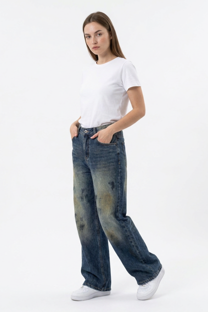 Women's Vintage Wash High Waist Straight Wide Leg Jeans