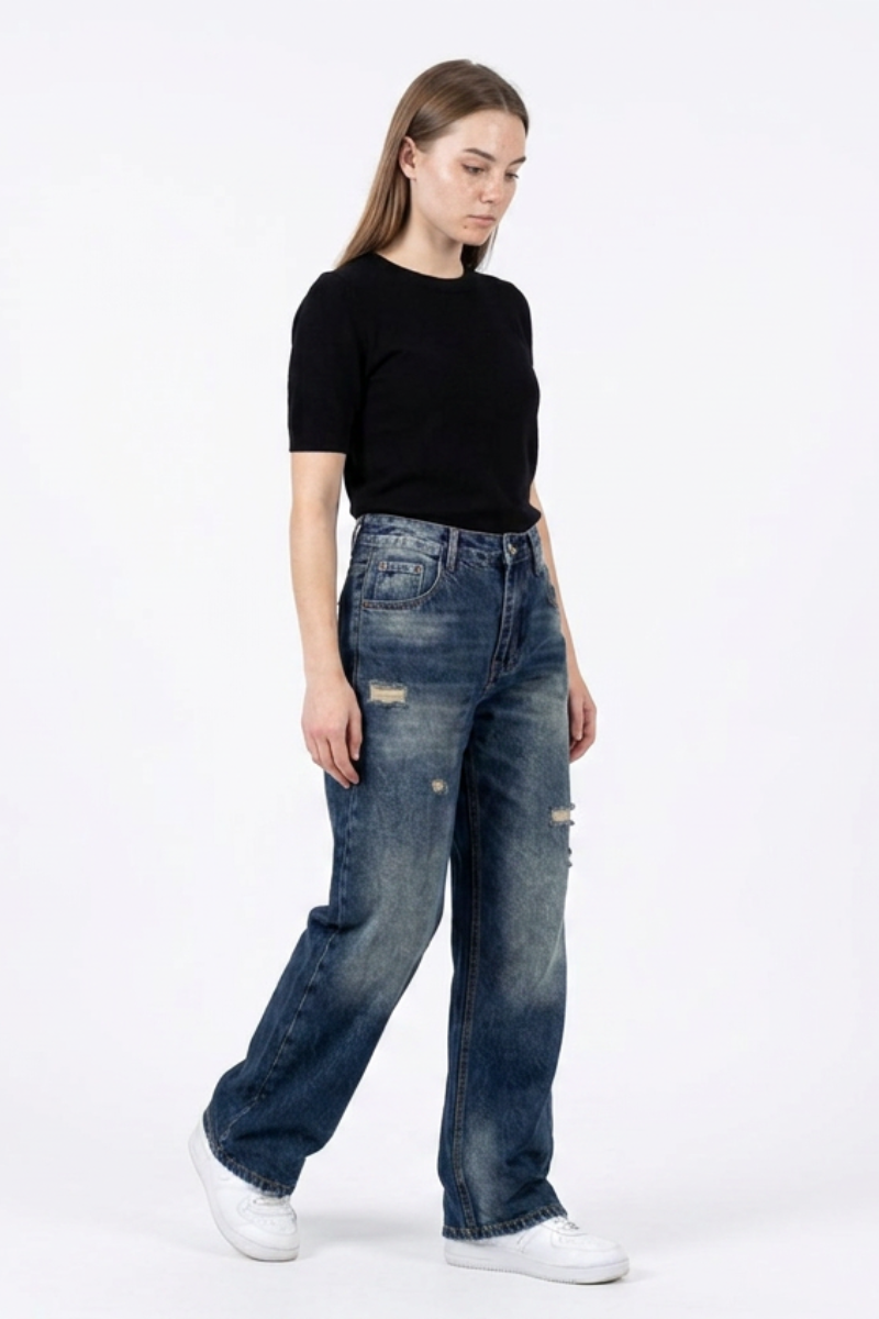 Women's Distressed High Waist Wide Leg Jeans