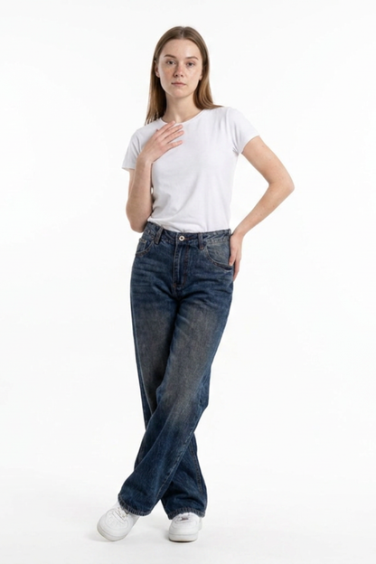 Women's Distressed Wash High Waist Straight Leg Jeans