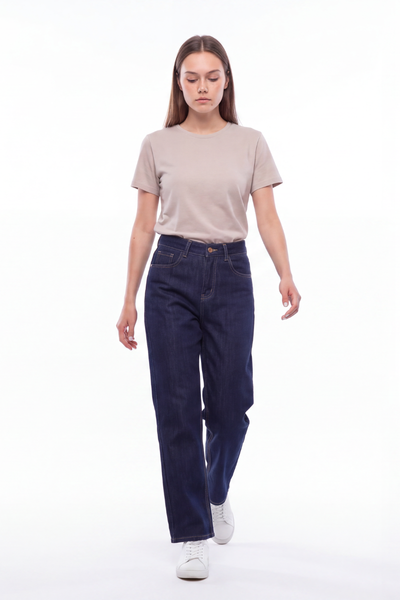 Women's Raw Denim Blue High Waist Straight Leg Jeans