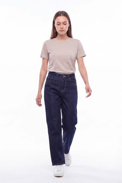 Women's Raw Denim Blue High Waist Straight Leg Jeans