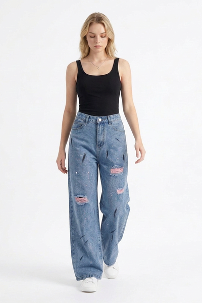 Women's High Waist Graffiti Ripped Wide Leg Jeans