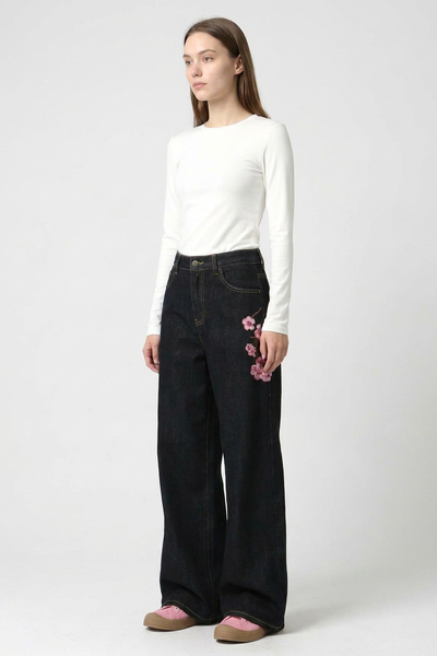 Women's Floral Embroidered High Waist Wide Leg Jeans