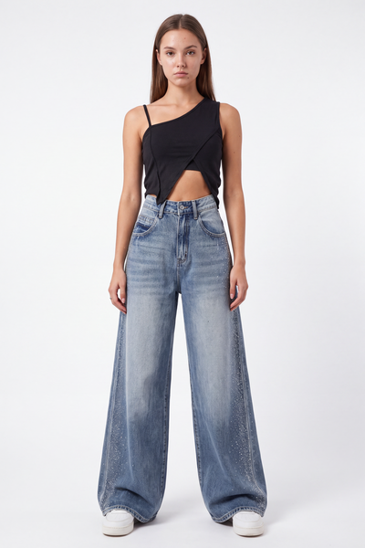 Women's Sparkly Diamante High Waist Stretch Wide Leg Jeans