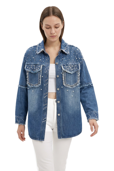 Women's Pearl Embellished Oversized Wash Denim Jacket