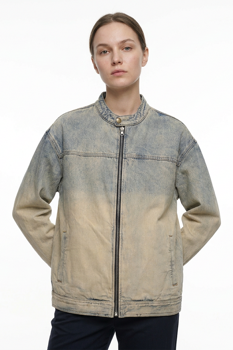 Women's Washed Stand Collar Zip-Up Vintage Denim Jacket