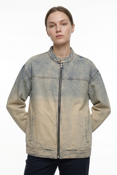 Women's Washed Stand Collar Zip-Up Vintage Denim Jacket