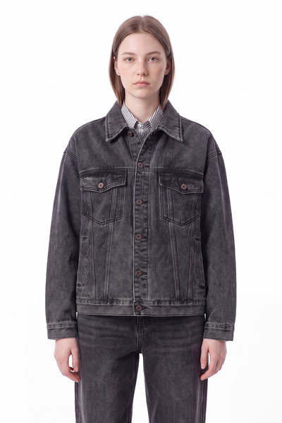 Women's Washed Black Grey Classic Denim Jacket