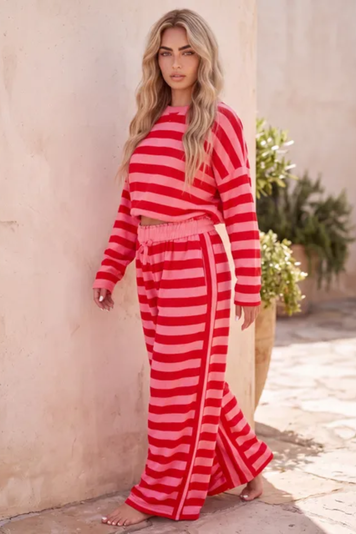 Women's Fall Striped Colorblock 2 Piece Loose Set