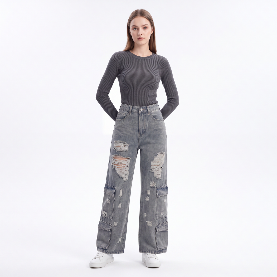 Women's Vintage High Waist Distressed Wide Leg Cargo Jeans