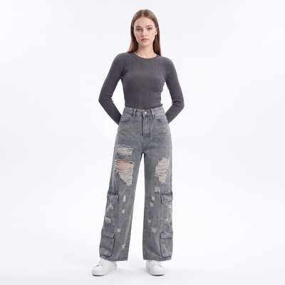 Women's Vintage High Waist Distressed Wide Leg Cargo Jeans