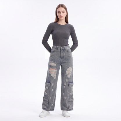 Women's Vintage High Waist Distressed Wide Leg Cargo Jeans
