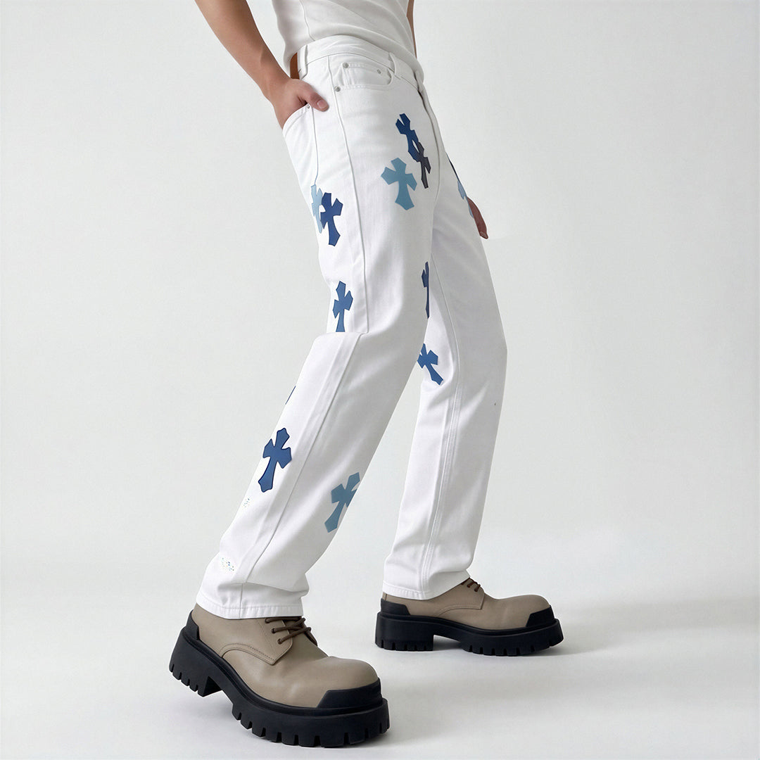 Men's Spring White Cross Patch Wide-Leg Denim Jeans