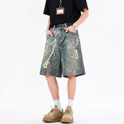 Men's Summer Vintage Washed Graffiti Print Denim Shorts