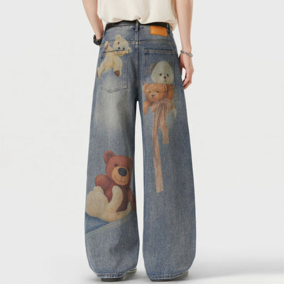 Men's Spring Light Blue Teddy Print Wide Leg Denim Jeans