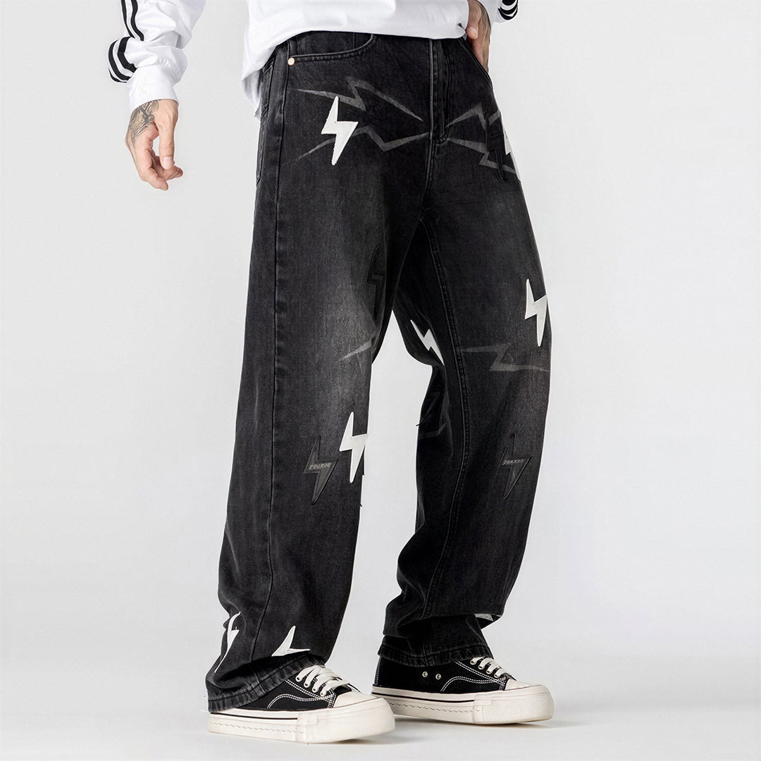 Men's Spring Washed Black & White Lightning Wide Leg Jeans