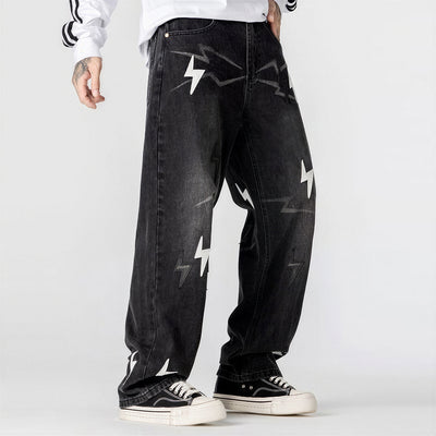 Men's Spring Washed Black & White Lightning Wide Leg Jeans
