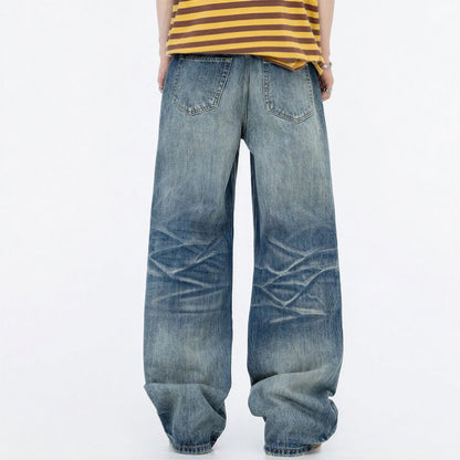 Men's Spring Vintage Blue Cat Whisker Wide-Leg Denim Jeans