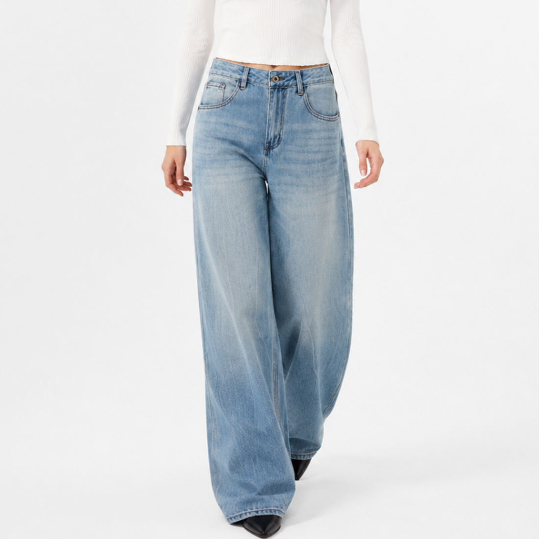 Women's 100% Cotton High Waist Wash Wide Leg Jeans