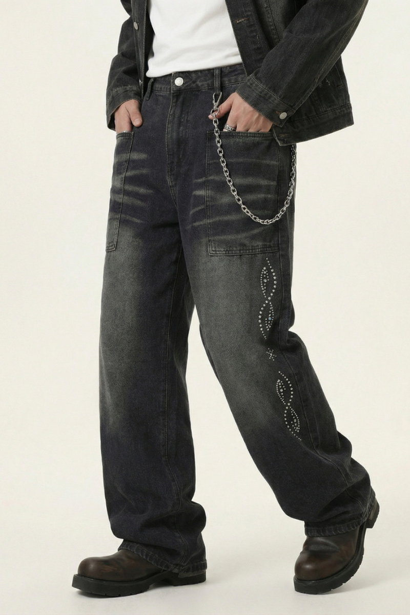 Men's Spring Summer Washed Pocket Rhinestone Wide Leg Jeans