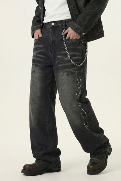 Men's Spring Summer Washed Pocket Rhinestone Wide Leg Jeans