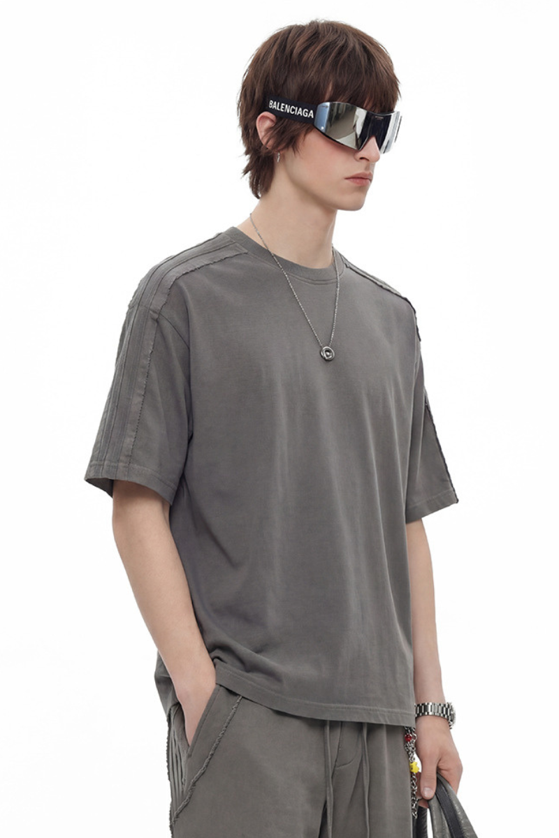 Unisex 275g Cotton Washed Raw Edge Patchwork Sports Tee