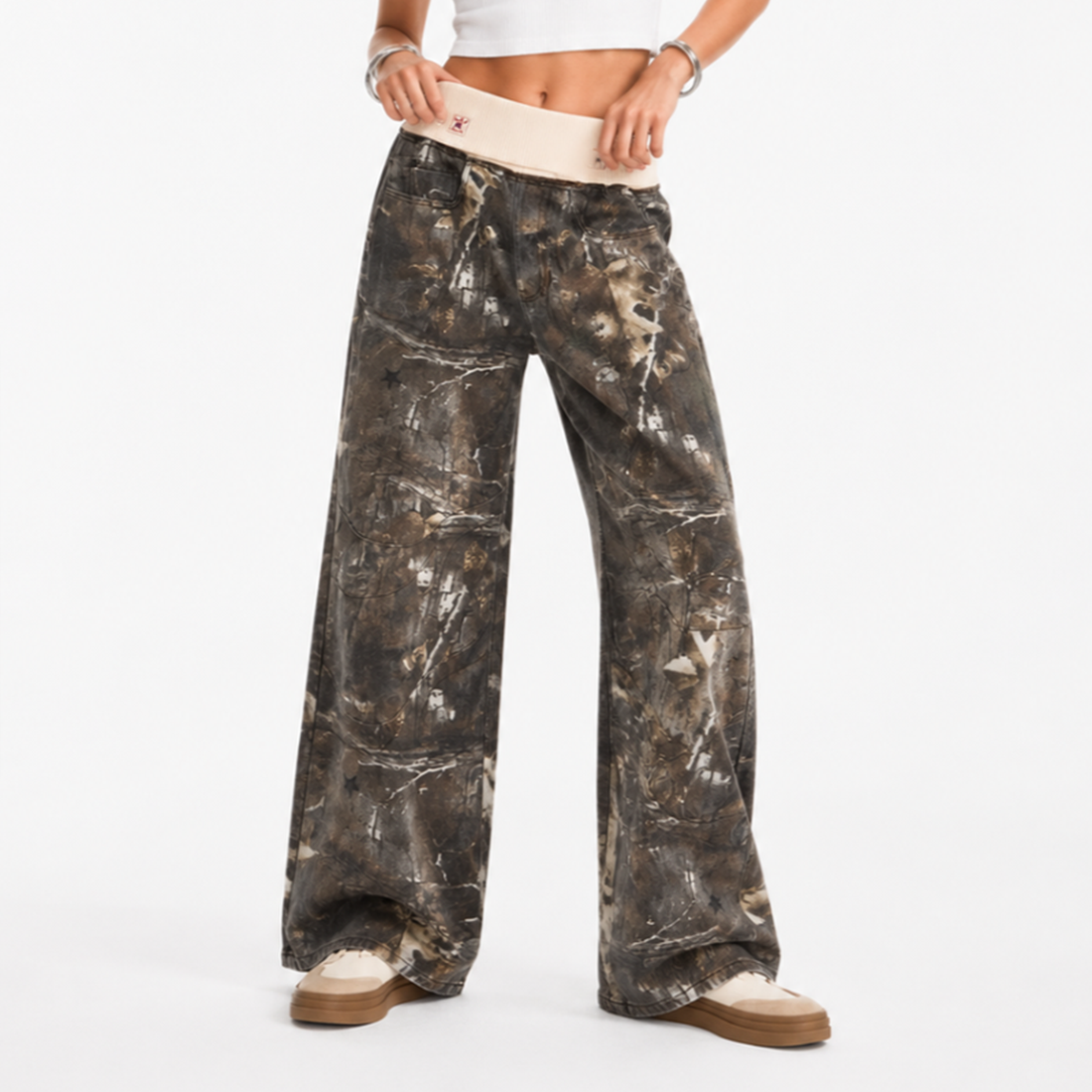 Women's Vintage High Waist Wash Camo Print Wide Leg Jeans