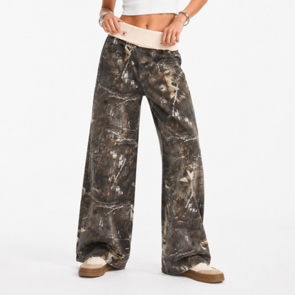 Women's Vintage High Waist Wash Camo Print Wide Leg Jeans